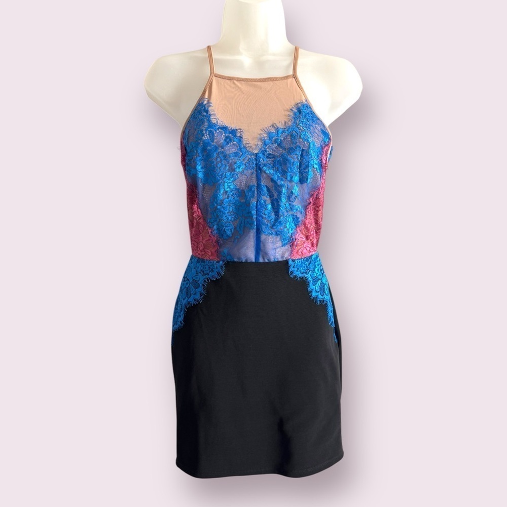Topshop Lace Mesh Colorblock Bodycon Mini Dress Cami Party Cocktail Size 4 - Picture 1 of 7